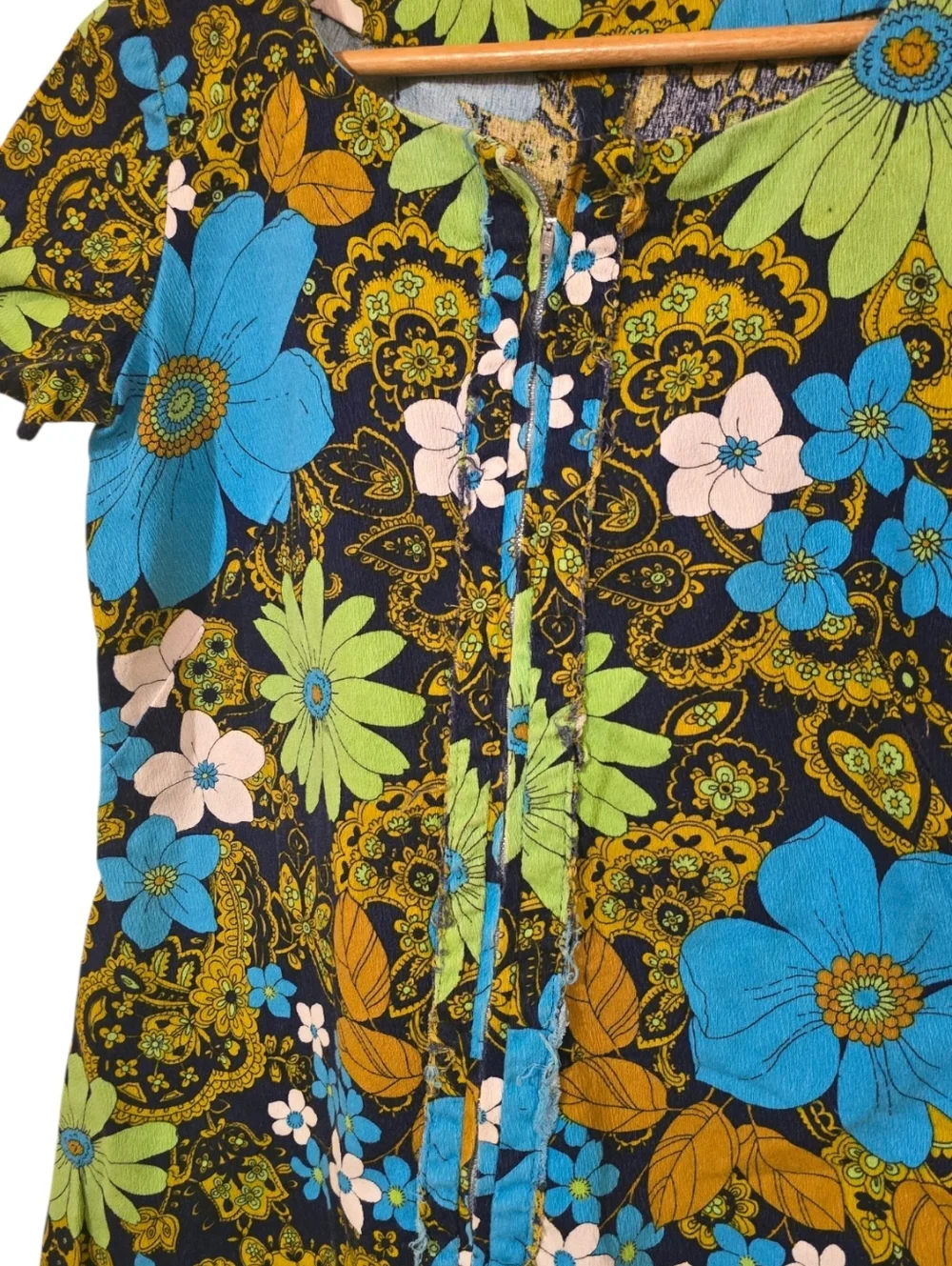 Vintage 70s Floral Romper Psych Mod Hippie Daisy Print Mini Jumpsuit Blue Green - Picture 6 of 15